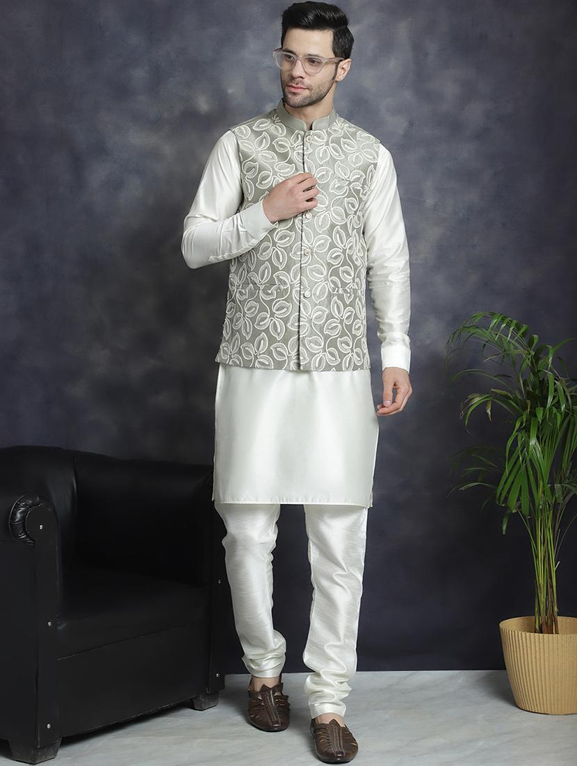 men embroidered kurta churidar with jacket ethnic wear set - 21505297 - Standard Image - 1
