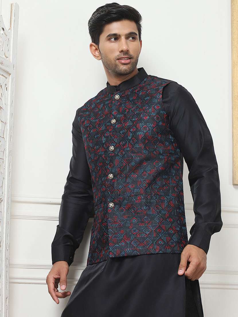 men embroidered kurta pyjama with jacket ethnic wear set