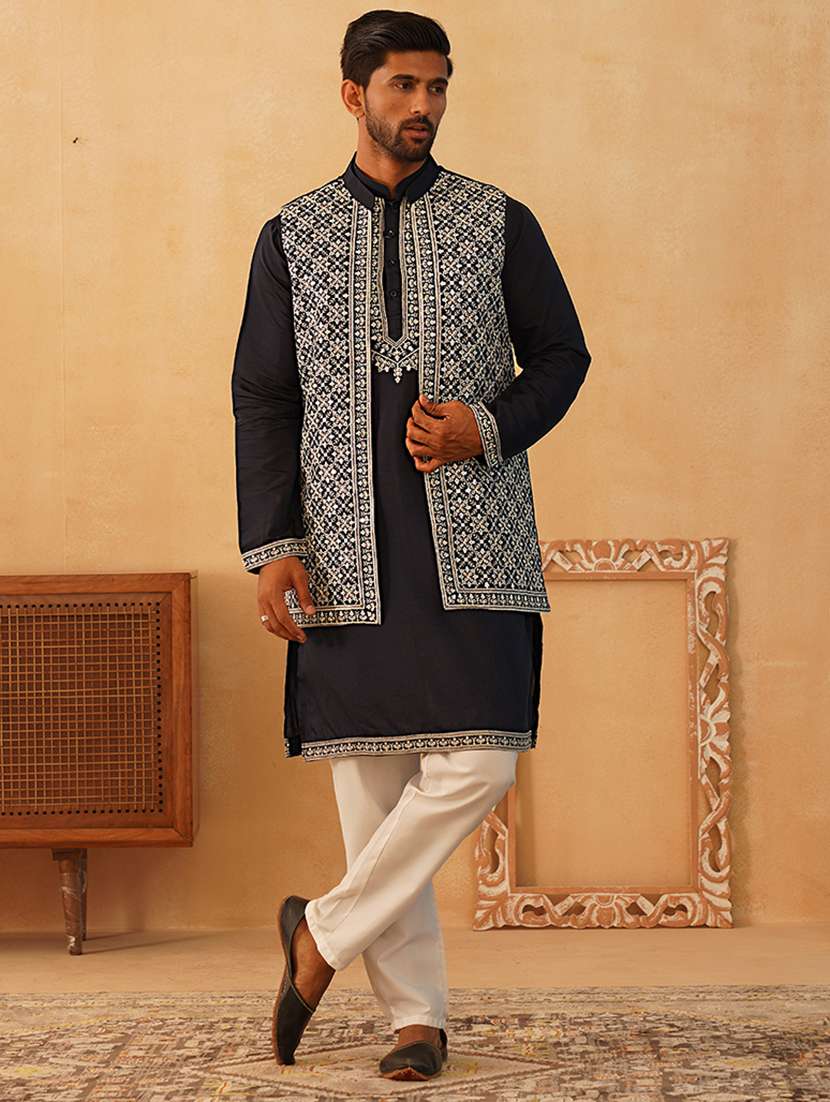 men embroidered kurta pyjama with jacket ethnic wear set