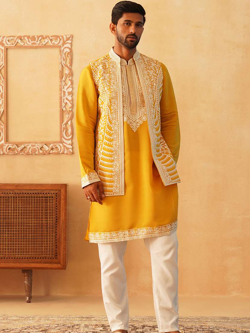 men embroidered kurta pyjama with jacket ethnic wear set