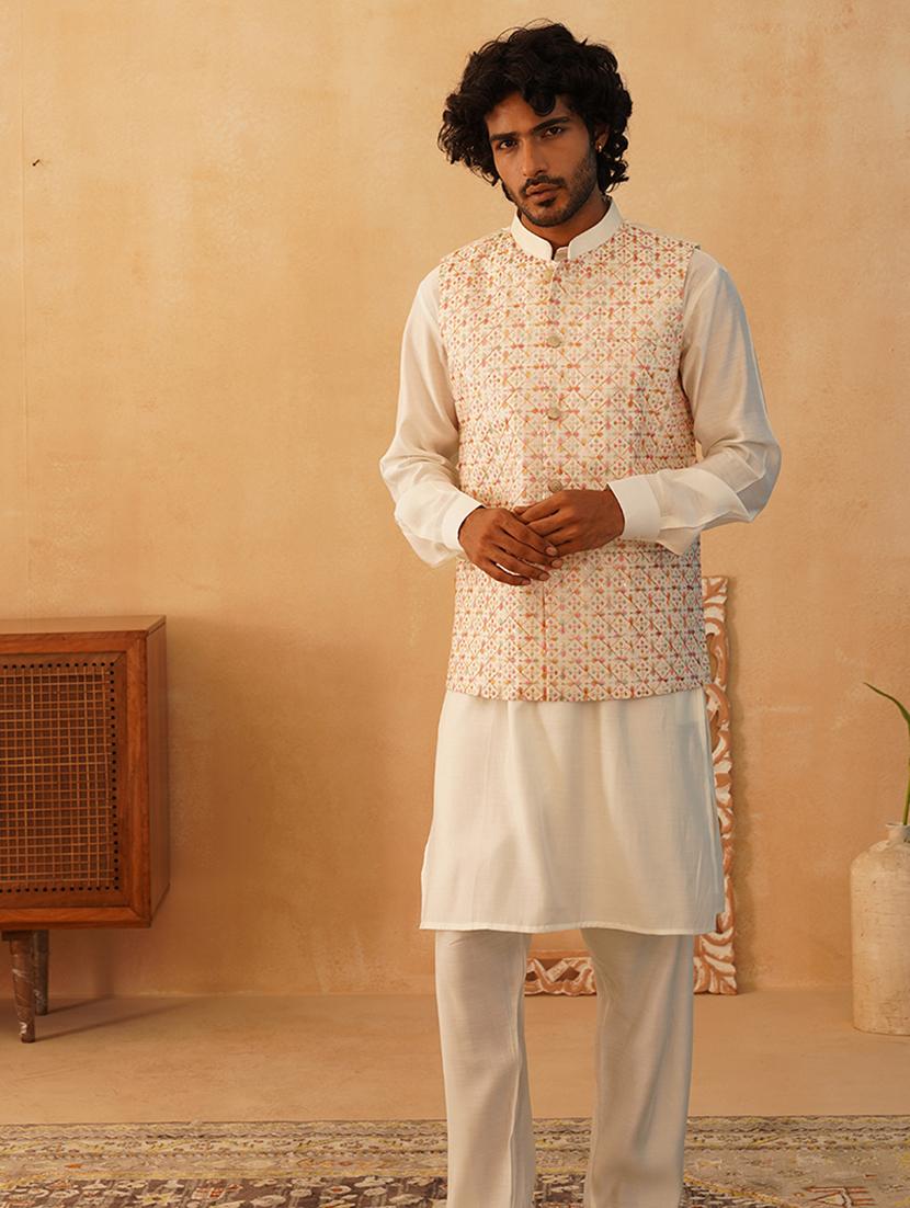 men embroidered kurta pyjama with jacket ethnic wear set - 21505335 -  Standard Image - 1