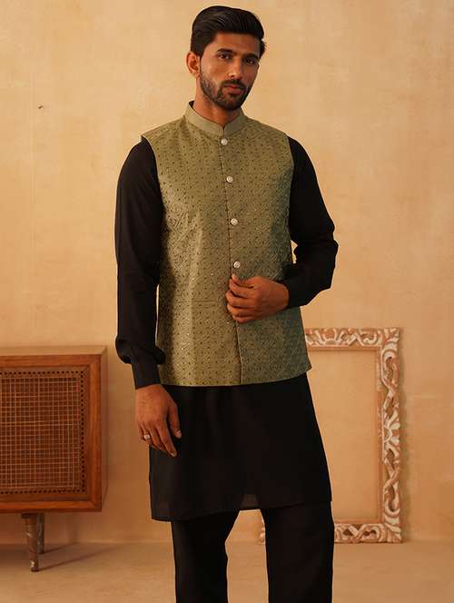 men embroidered kurta pyjama with jacket ethnic wear set - 21505343 - Standard Image - 0