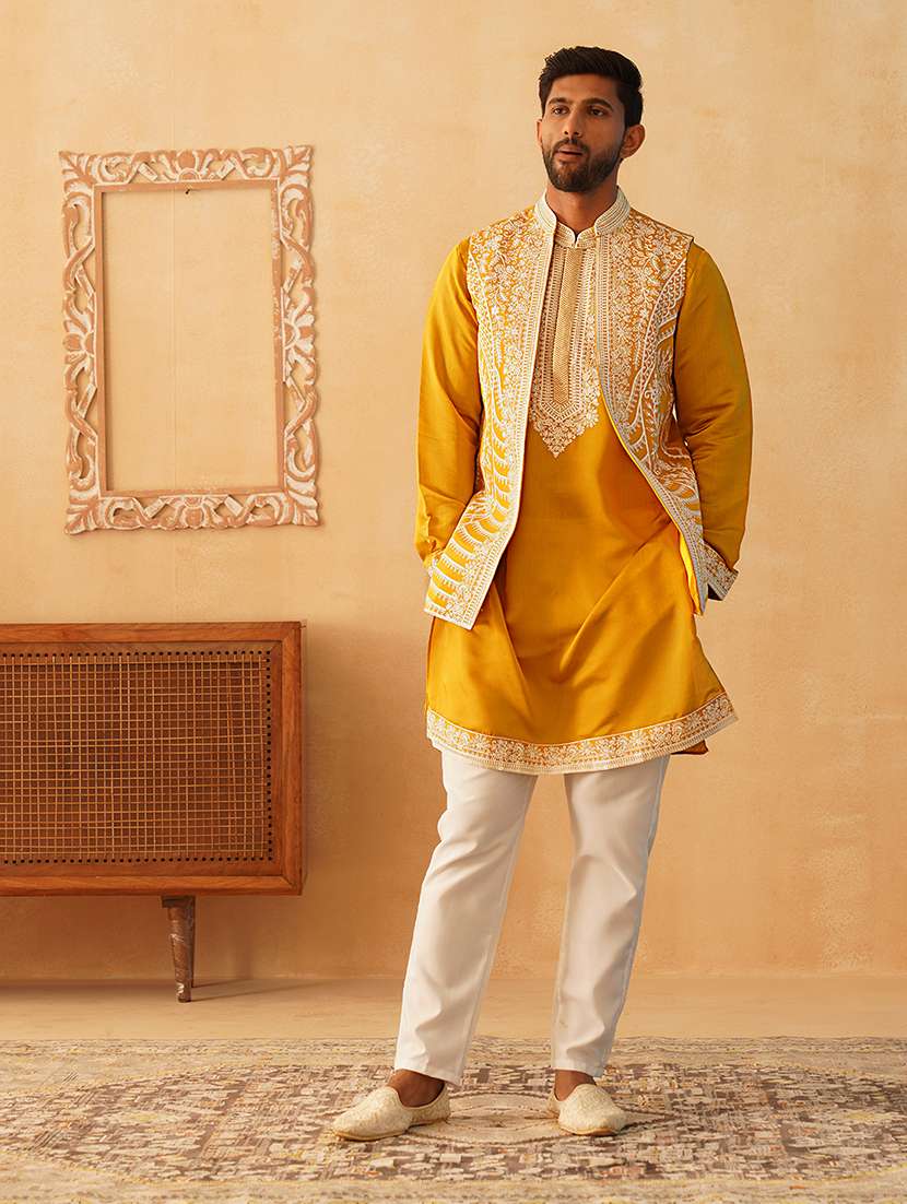 men embroidered kurta pyjama with jacket ethnic wear set