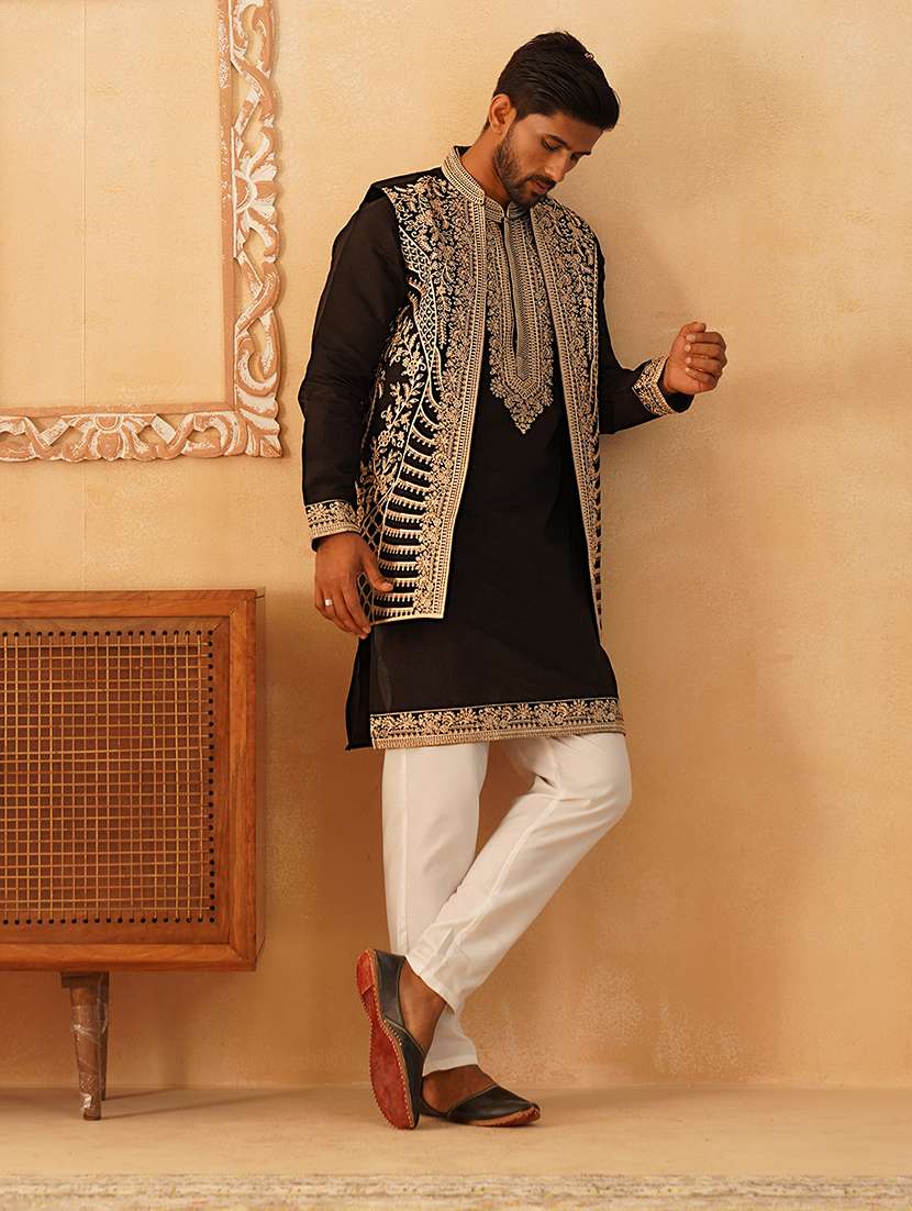 men embroidered kurta pyjama with jacket ethnic wear set - 21505347 -  Standard Image - 1