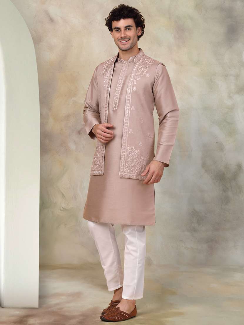 men embroidered kurta pyjama with jacket ethnic wear set - 21505350 -  Standard Image - 1