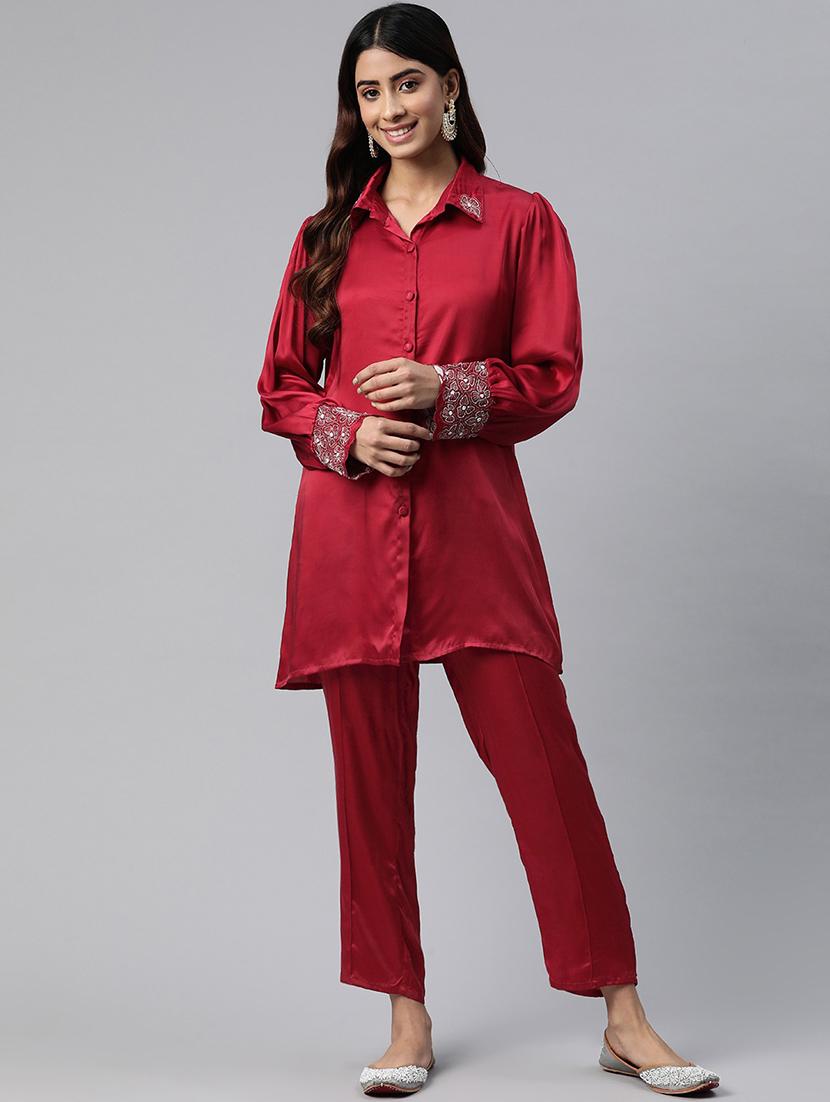 women solid maroon pure silk shirt and trouser co-ord set - 21506841 -  Zoom Image - 0