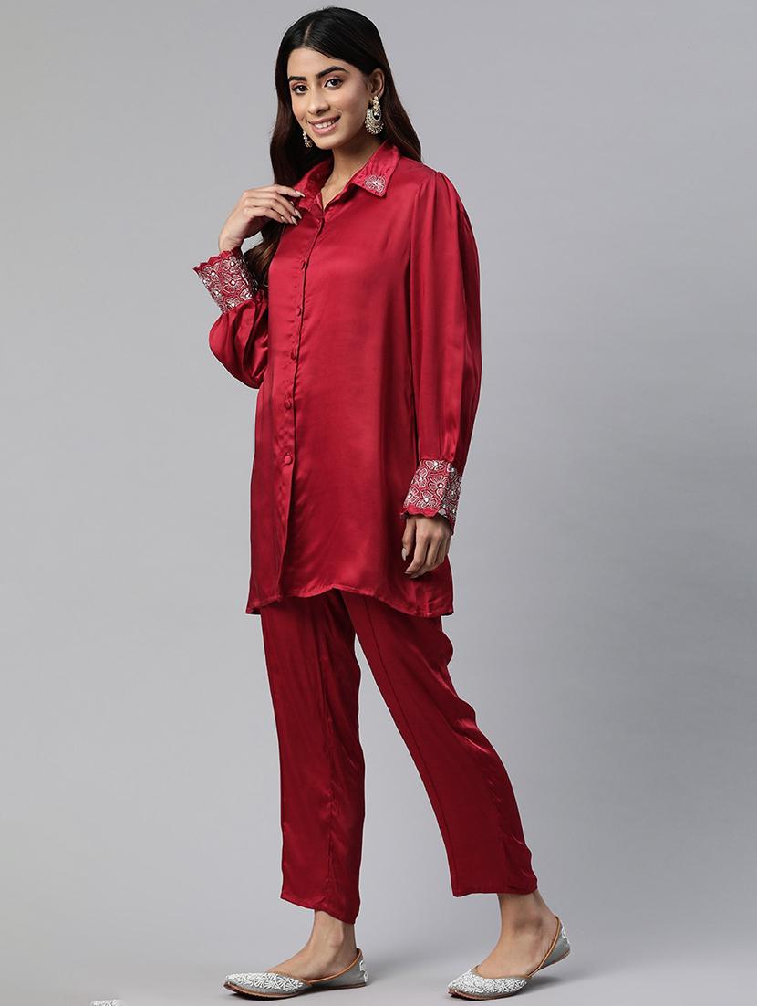 women solid maroon pure silk shirt and trouser co-ord set - 21506841 -  Standard Image - 1