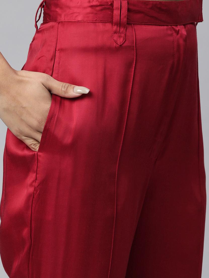 women solid maroon pure silk shirt and trouser co-ord set - 21506841 - Standard Image - 4
