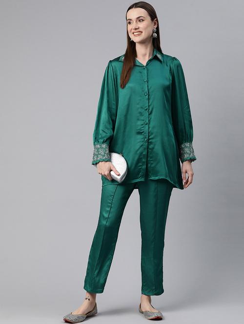 women solid teal pure silk shirt and trouser co-ord set - 21506842 - Standard Image - 0