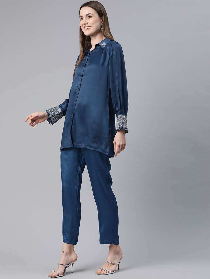 women solid blue pure silk shirt and trouser co-ord set - 21506844 -  Standard Image - 1