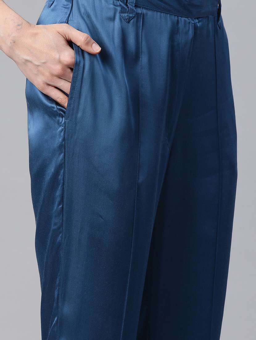 women solid blue pure silk shirt and trouser co-ord set - 21506844 -  Standard Image - 4