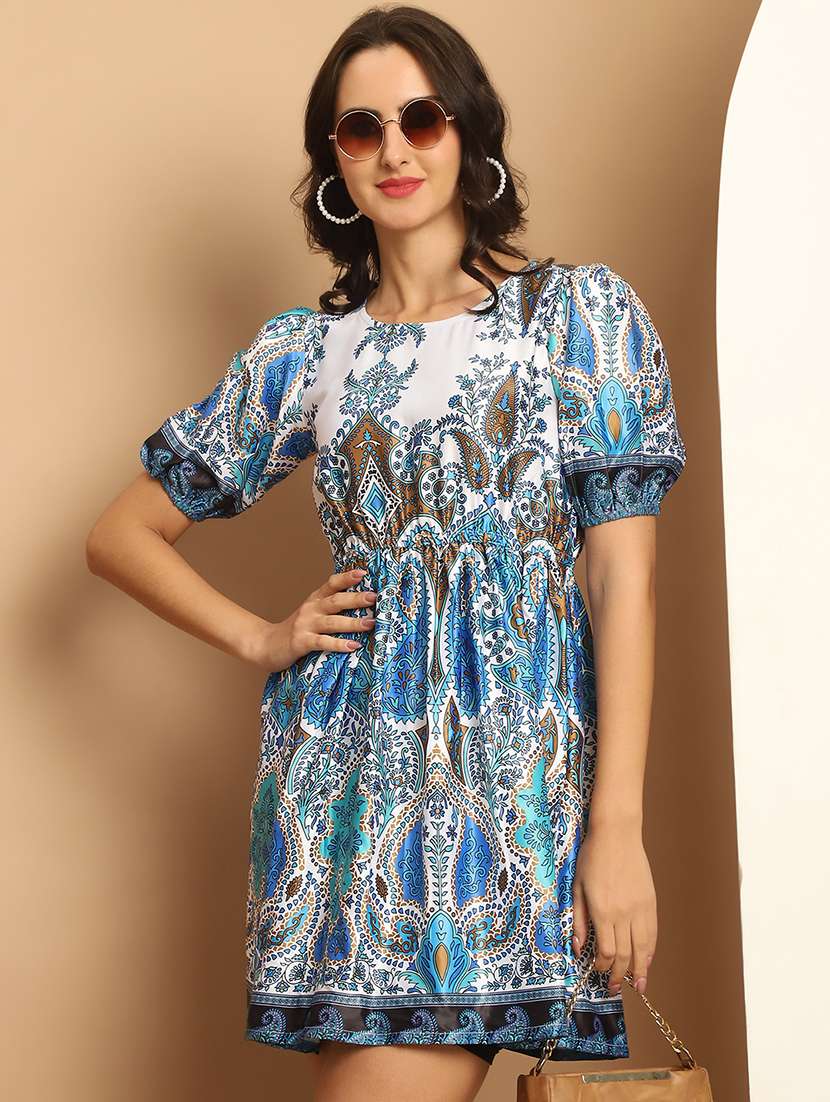 women blue printed satin fit & flare dress