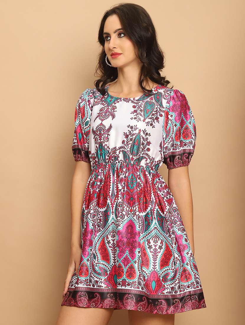 women white & pink printed fit & flare dress