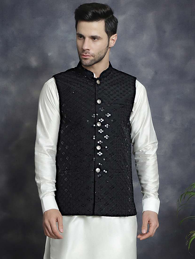men mandarin neck sequined nehru jacket - 21506942 -  Standard Image - 1