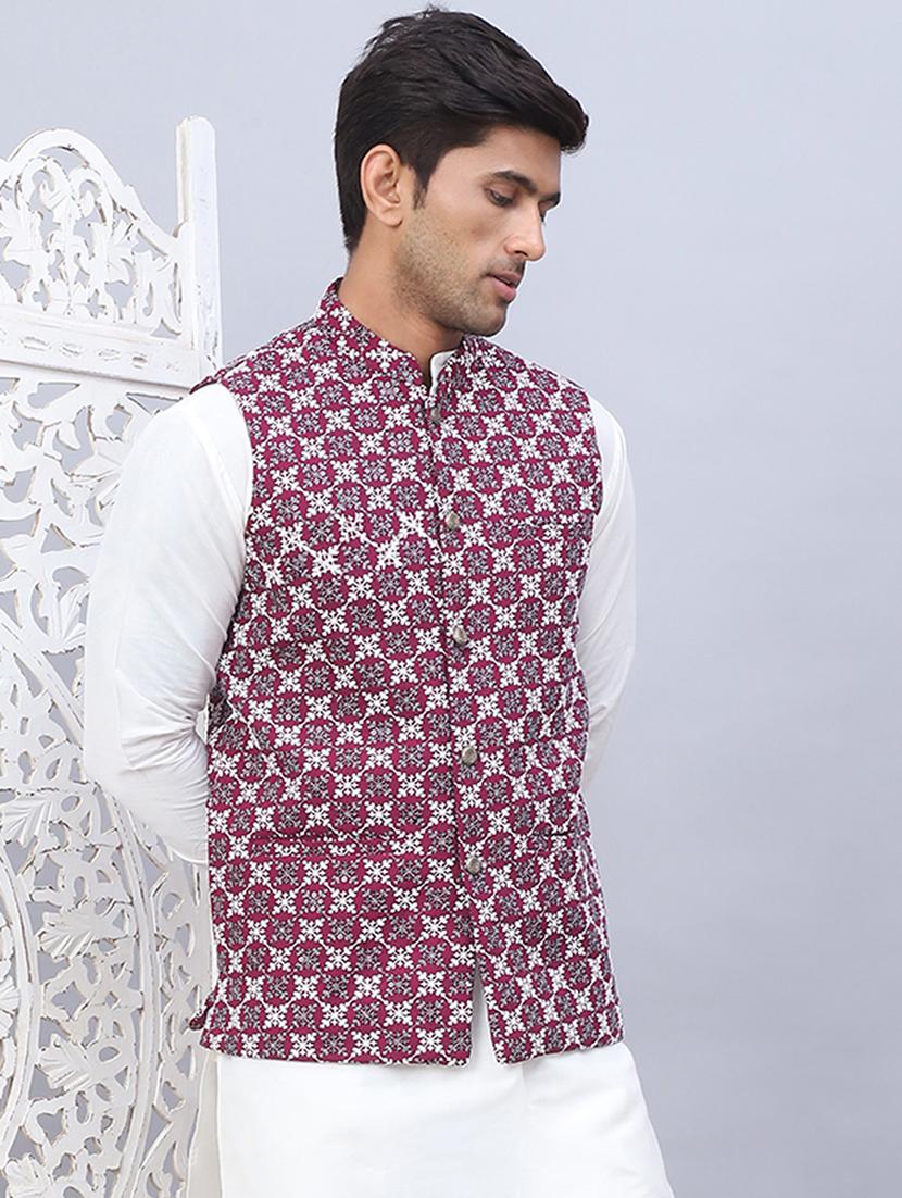 men mandarin neck printed nehru jacket - 21506986 - Standard Image - 1