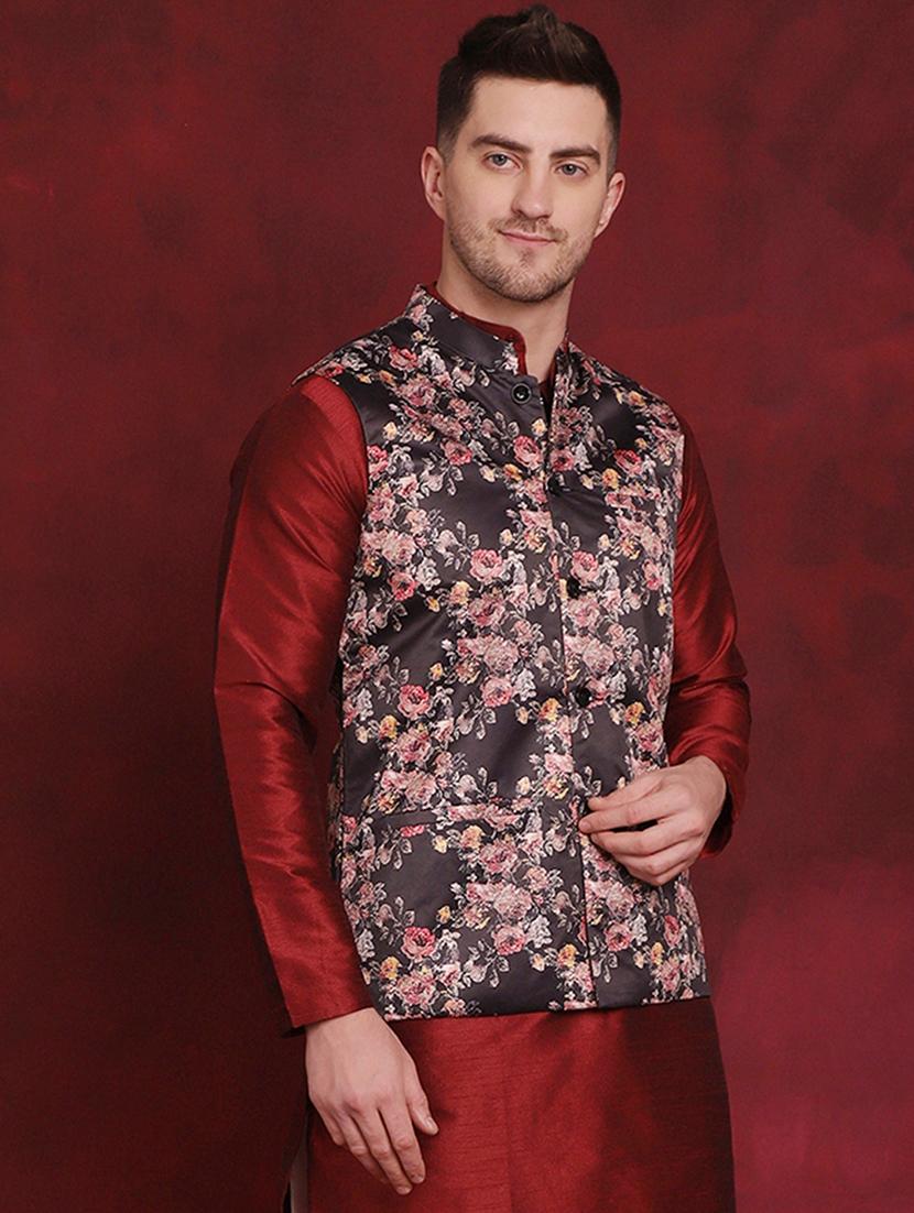 men mandarin neck floral printed nehru jacket - 21506999 - Standard Image - 1