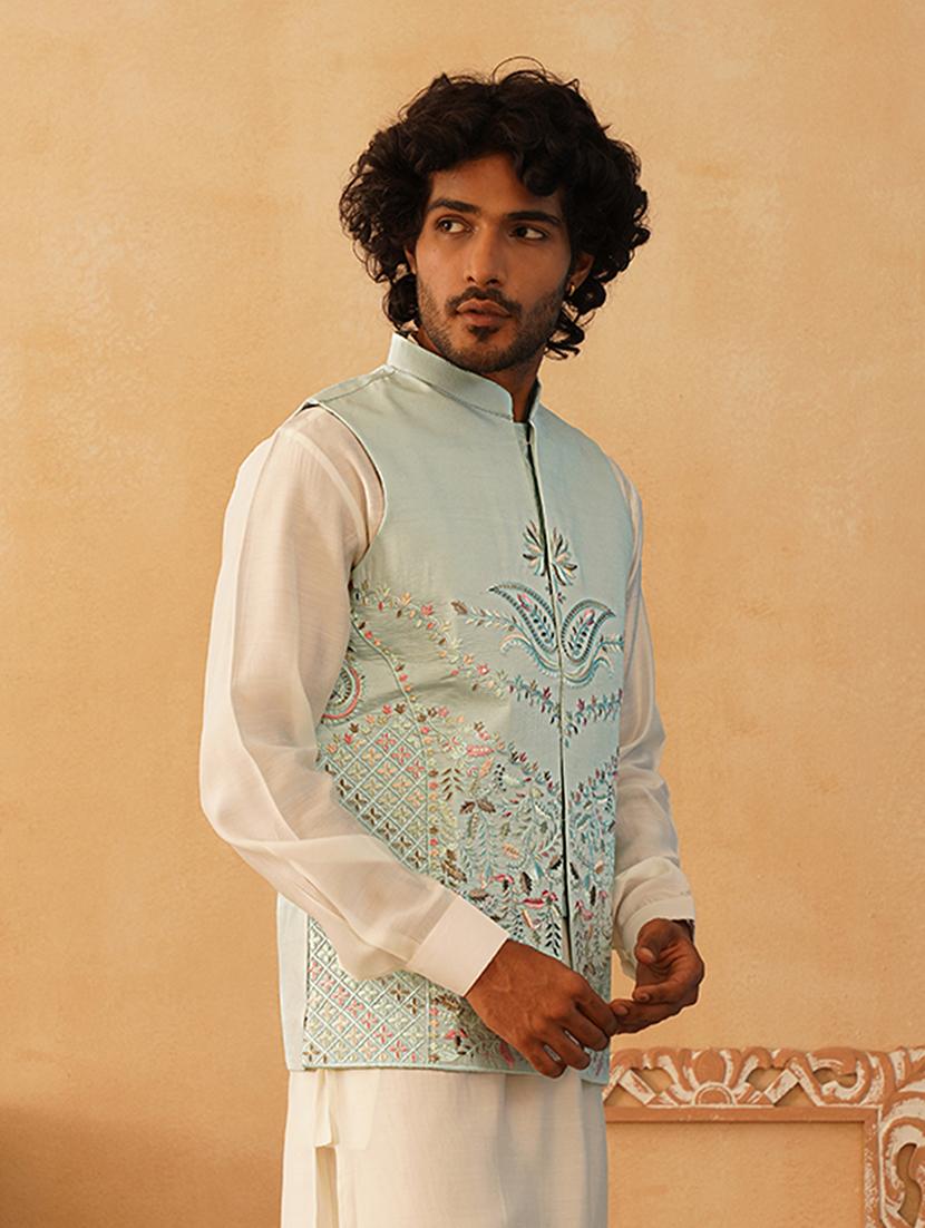 blue silk blend nehru jacket - 21507029 - Standard Image - 1