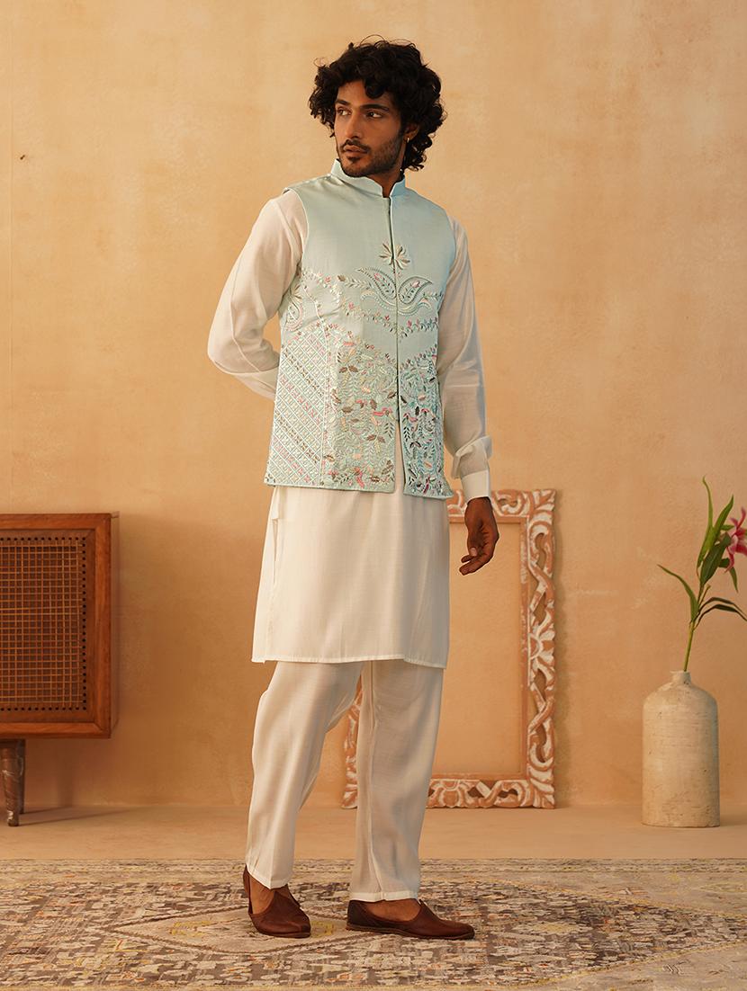 blue silk blend nehru jacket - 21507029 - Standard Image - 4