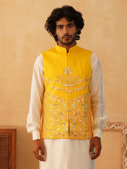 yellow silk blend nehru jacket - 21507030 - Standard Image - 0