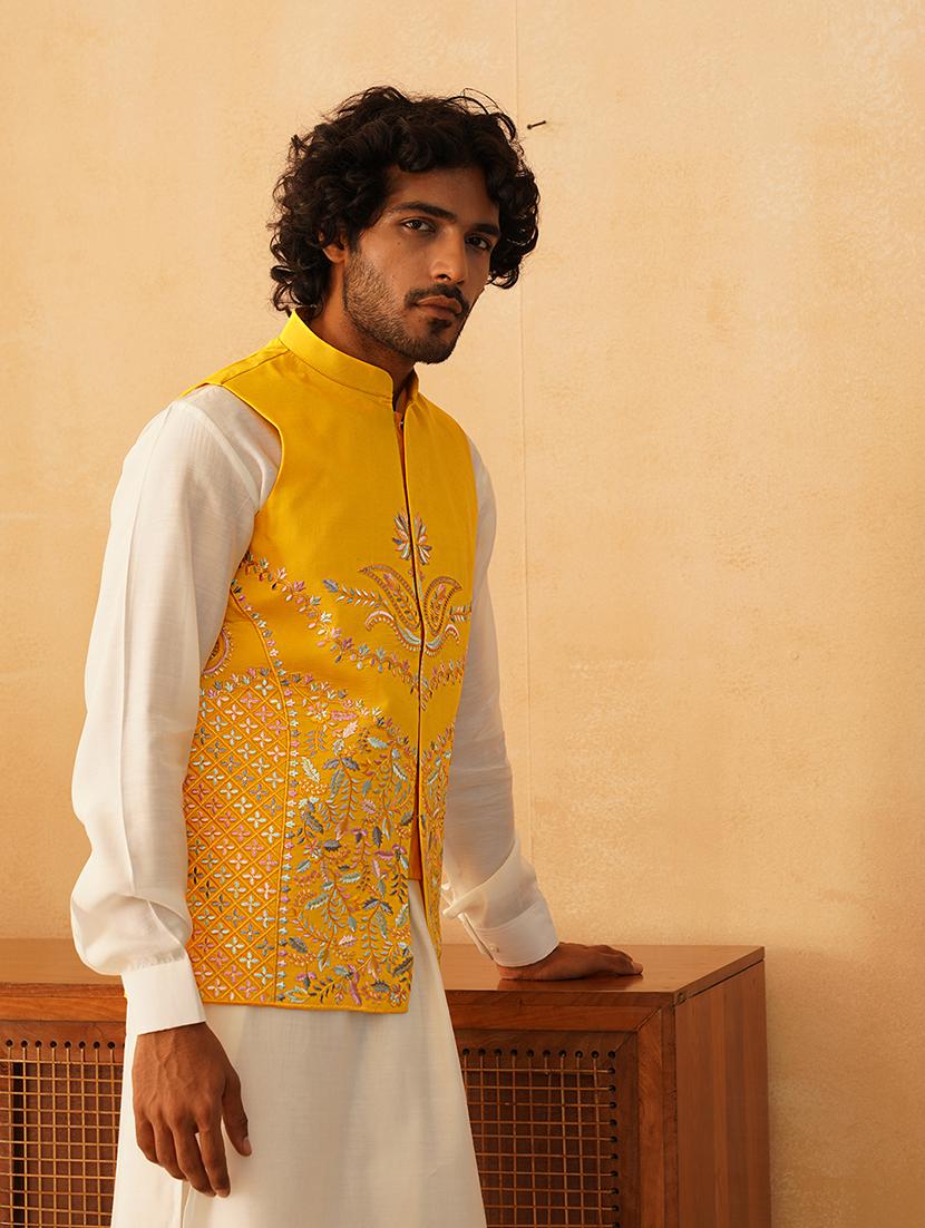 yellow silk blend nehru jacket - 21507030 -  Standard Image - 1