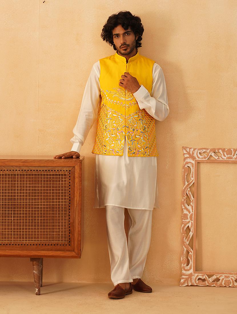 yellow silk blend nehru jacket - 21507030 - Standard Image - 4