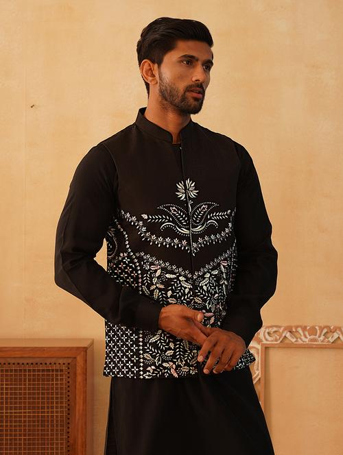 black silk blend nehru jacket - 21507031 -  Standard Image - 0