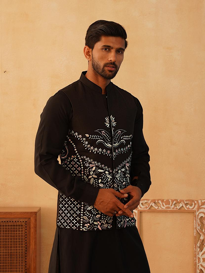 black silk blend nehru jacket - 21507031 -  Standard Image - 1
