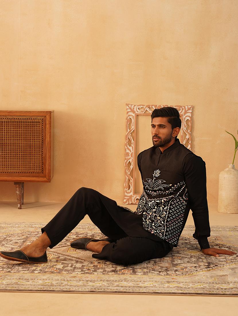 black silk blend nehru jacket - 21507031 - Standard Image - 4