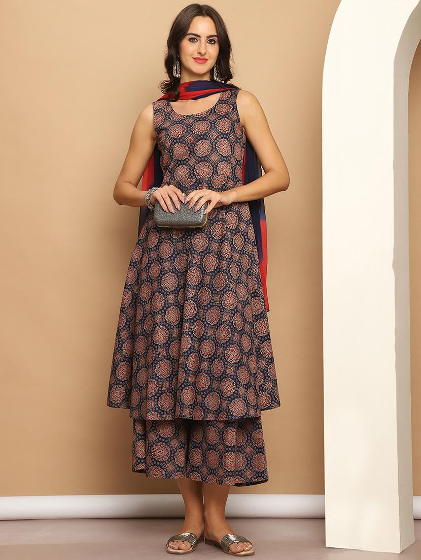 women navy blue sleeveless kurta palazzo with dupatta set - 21507054 - Standard Image - 1