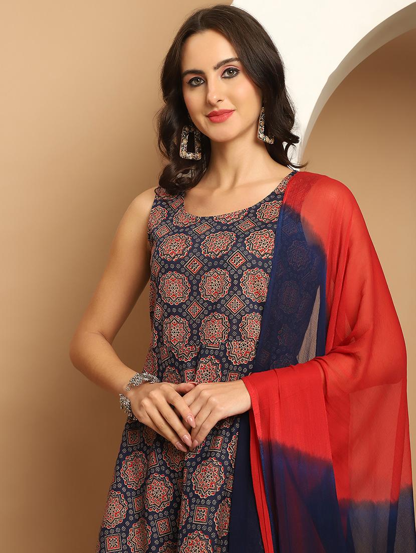 women navy blue sleeveless kurta palazzo with dupatta set - 21507054 - Standard Image - 4