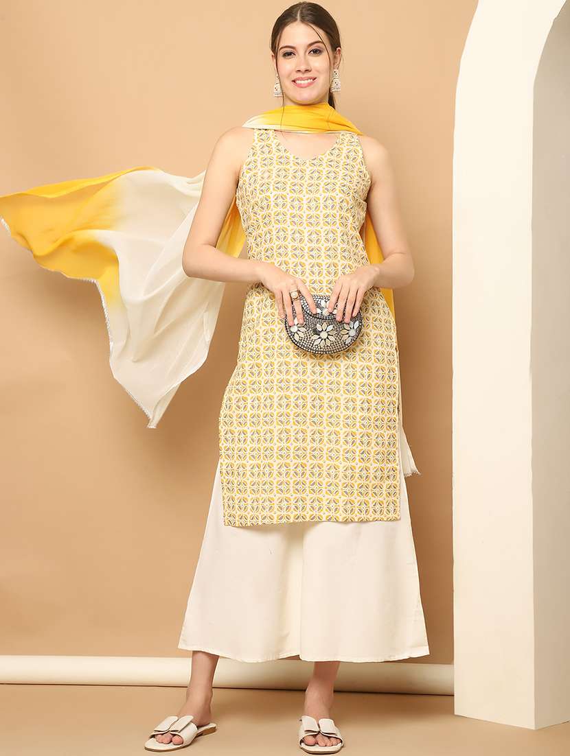 women yellow sleeveless kurta palazzo with dupatta set