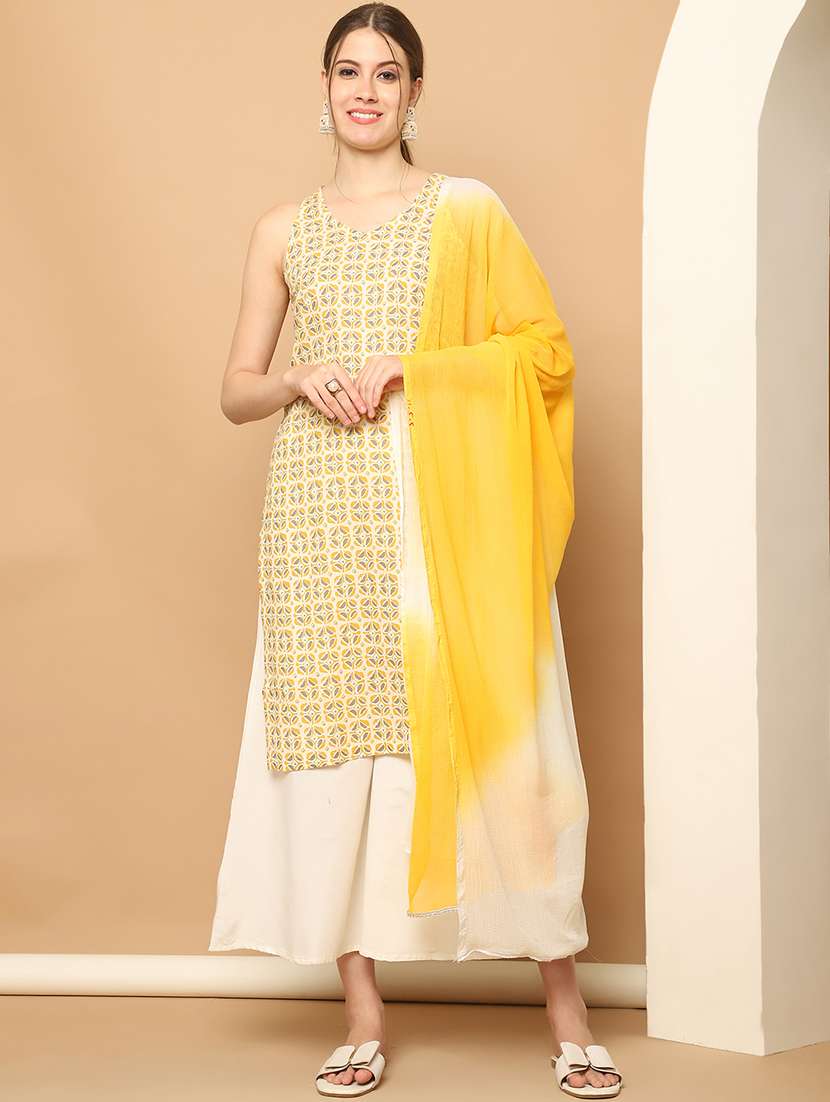 women yellow sleeveless kurta palazzo with dupatta set - 21507060 -  Standard Image - 1