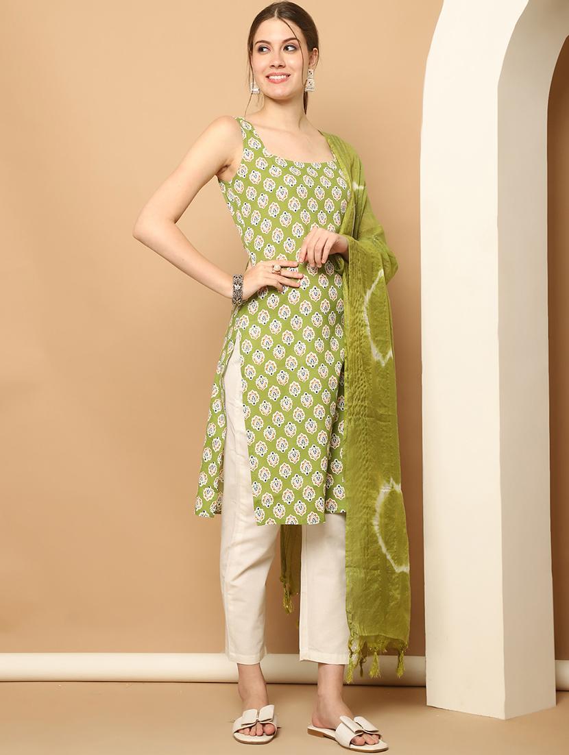 women olive sleeveless kurta pant with dupatta set - 21507075 - Standard Image - 1