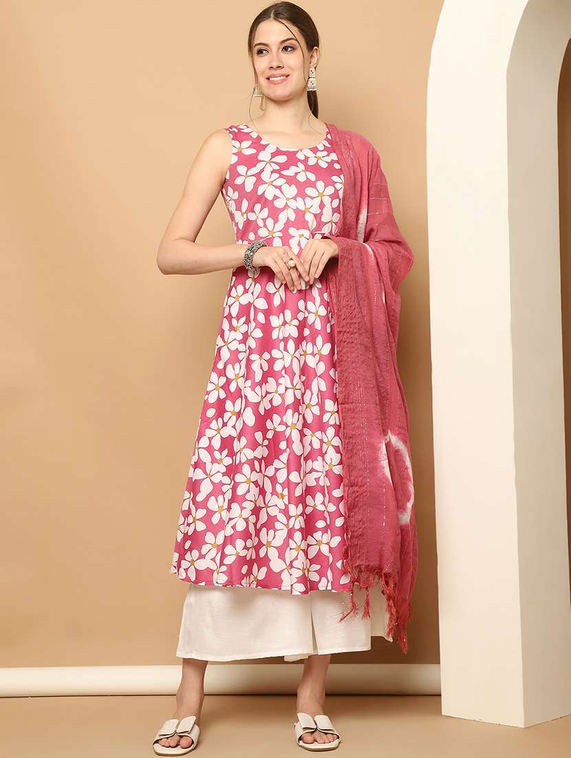 women pink sleeveless kurta palazzo with dupatta set - 21507076 -  Standard Image - 1