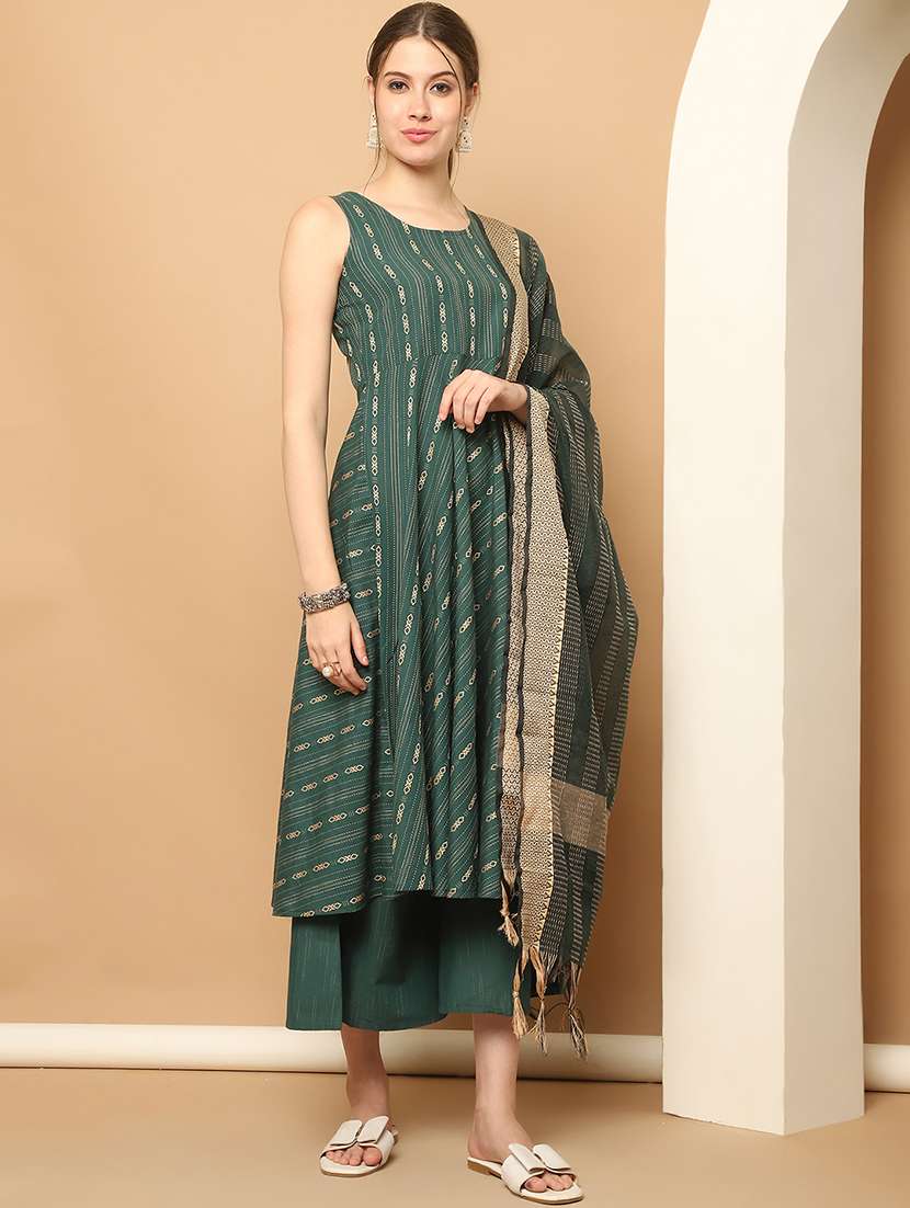 women teal sleeveless kurta palazzo with dupatta set
