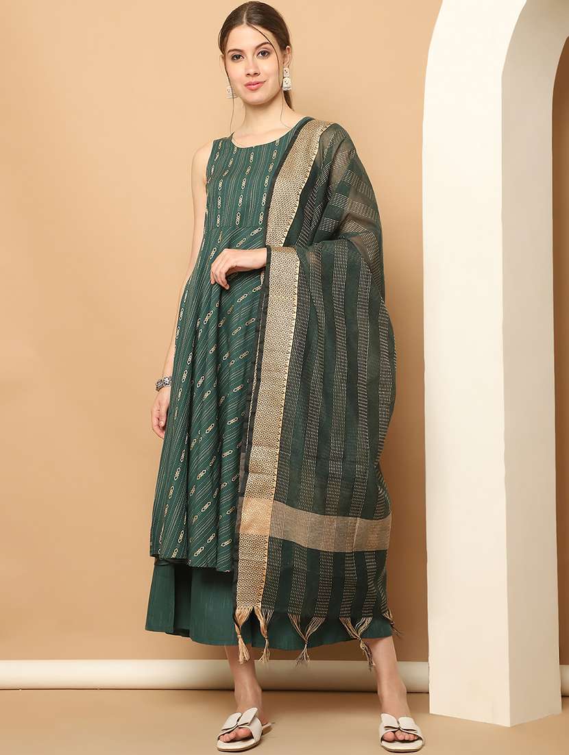 women teal sleeveless kurta palazzo with dupatta set - 21507081 - Standard Image - 1