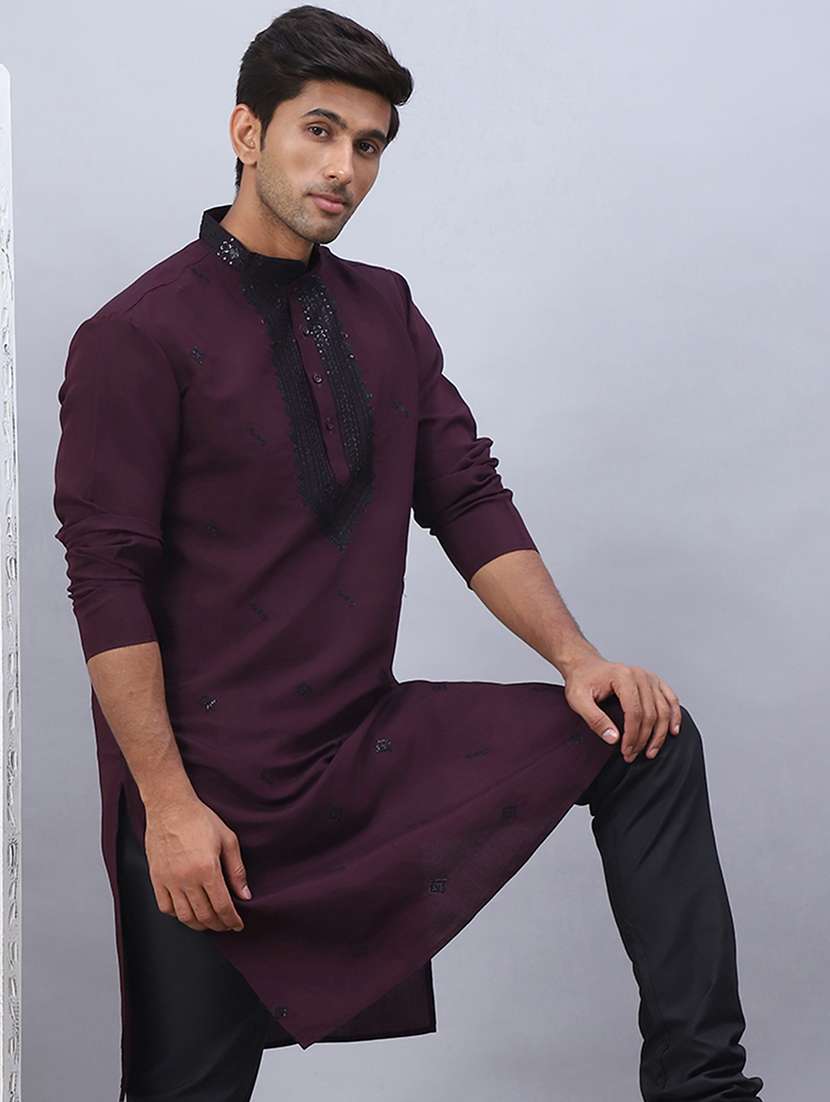 men mandarin neck sequined long kurta