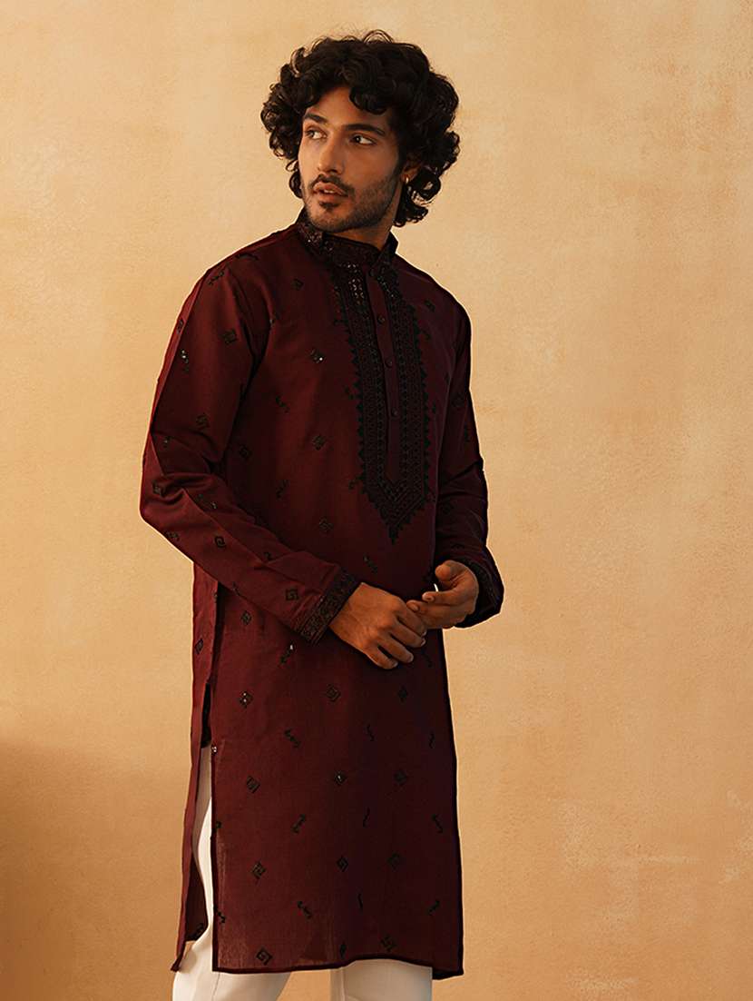 men mandarin neck sequined long kurta