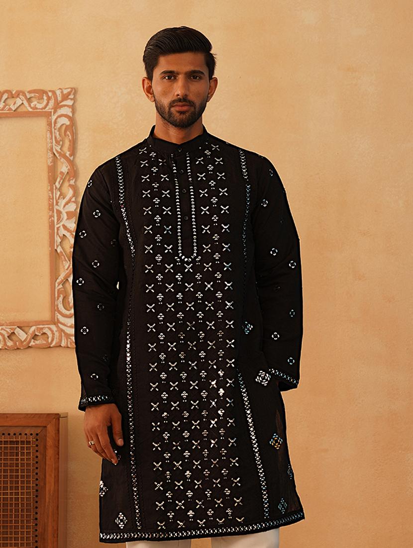 men mandarin neck embroidered long kurta