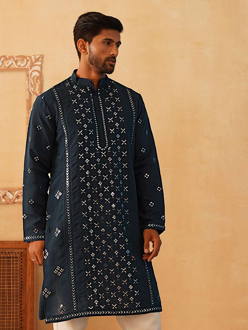 men mandarin neck sequined long kurta