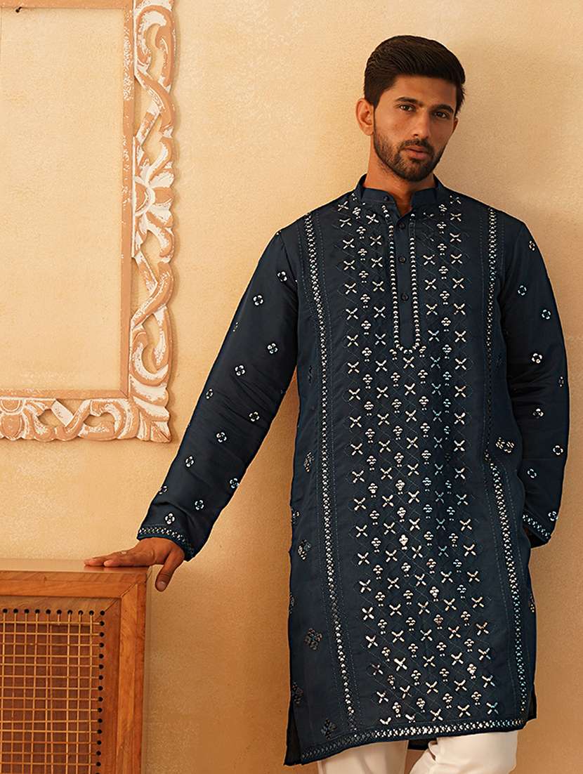 men mandarin neck sequined long kurta - 21507202 - Standard Image - 1