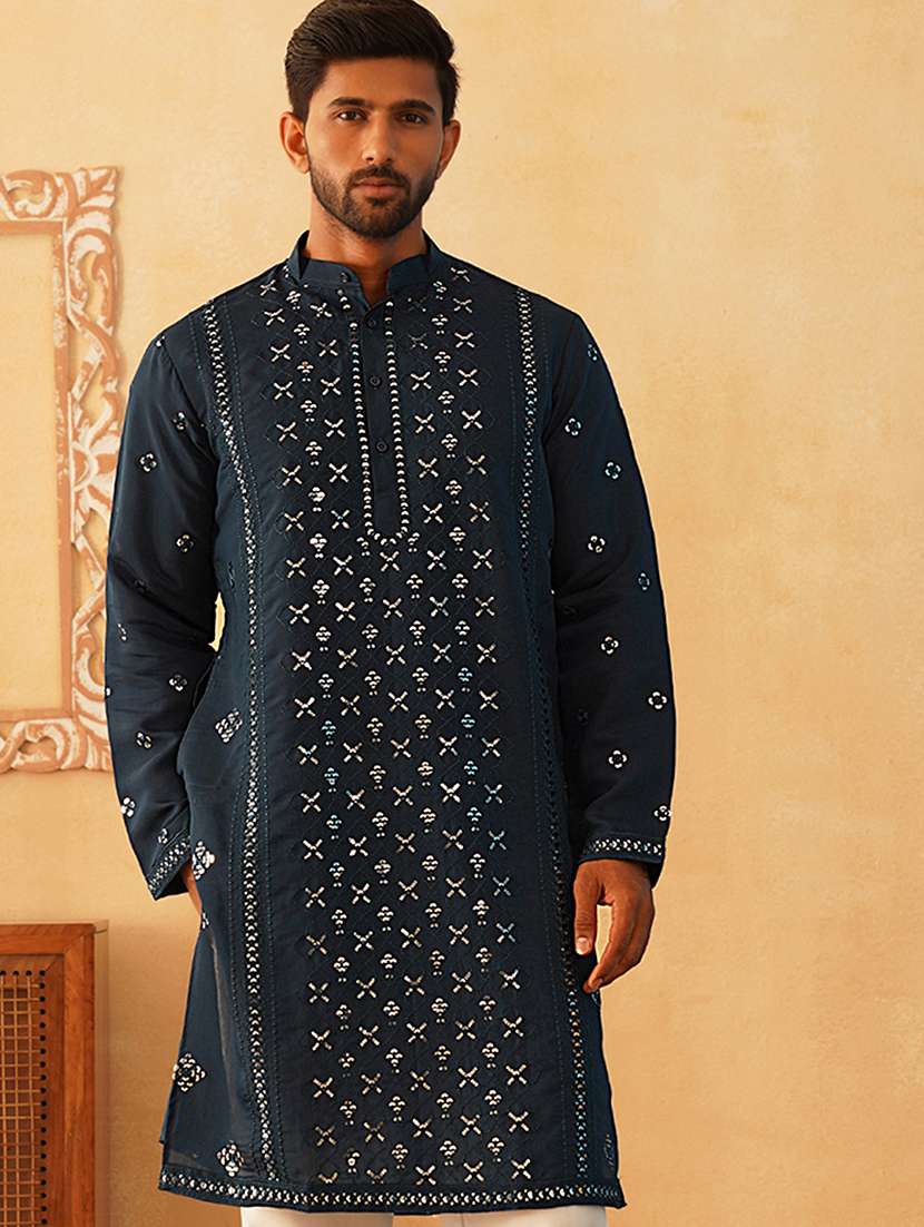 men mandarin neck sequined long kurta