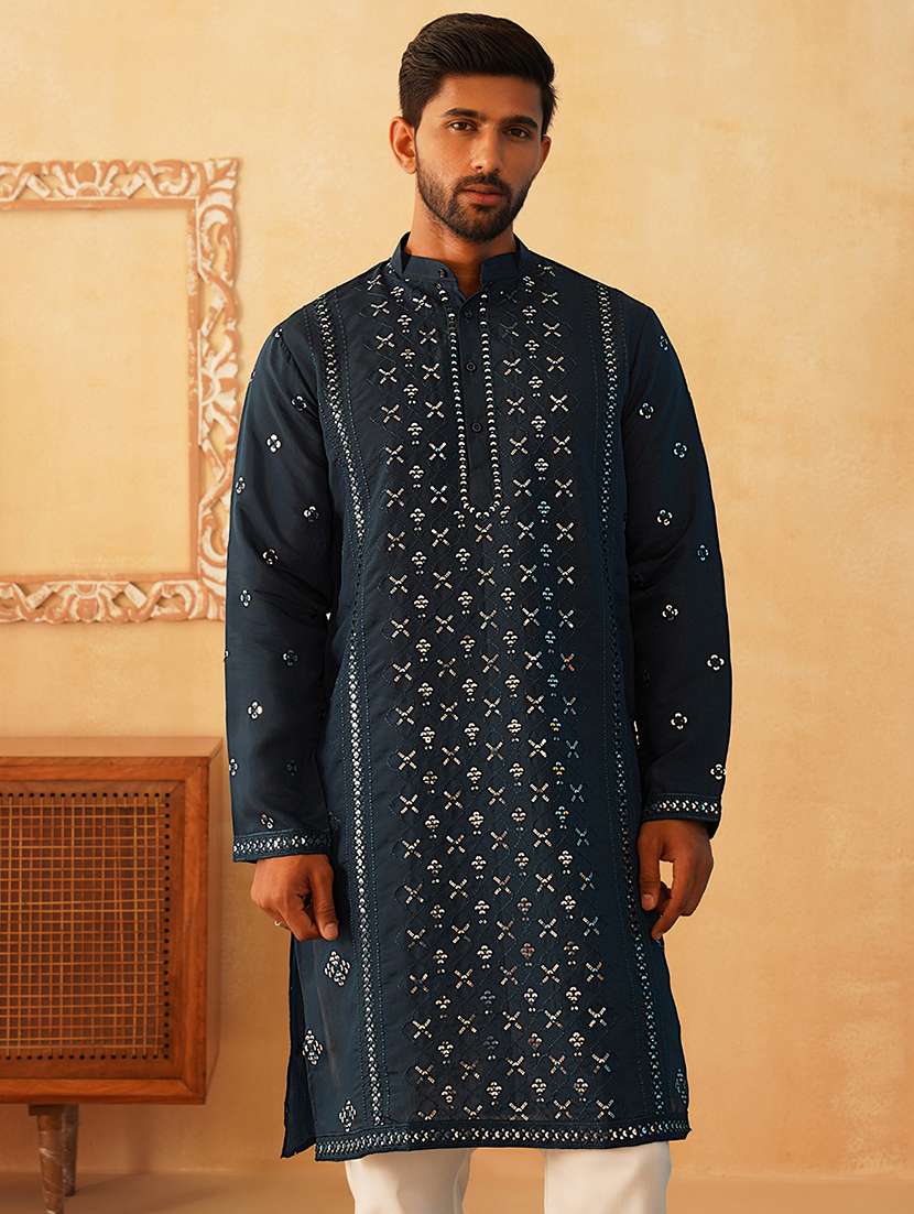 men mandarin neck sequined long kurta - 21507213 -  Standard Image - 1
