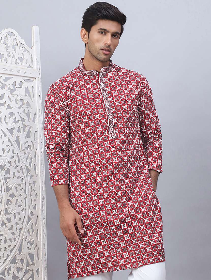 men mandarin neck printed long kurta