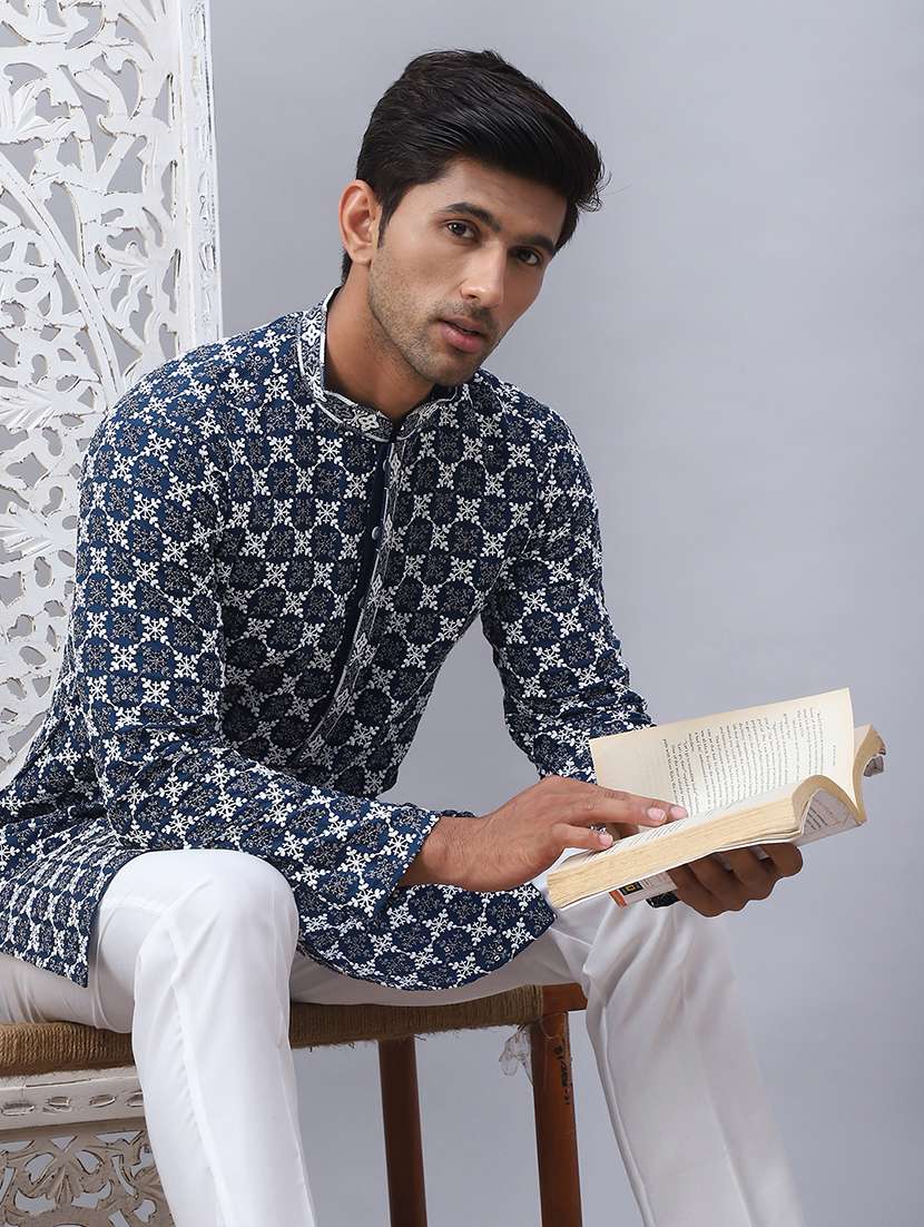 men solid with work mandarin neck long kurta - 21507219 -  Standard Image - 1