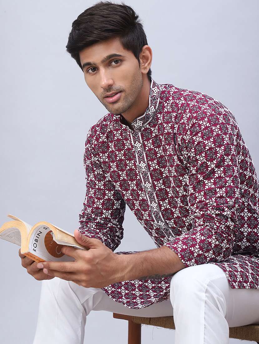men mandarin neck printed long kurta - 21507220 -  Standard Image - 1