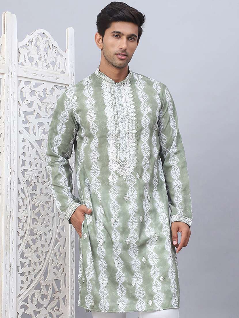 men mandarin neck embroidered long kurta