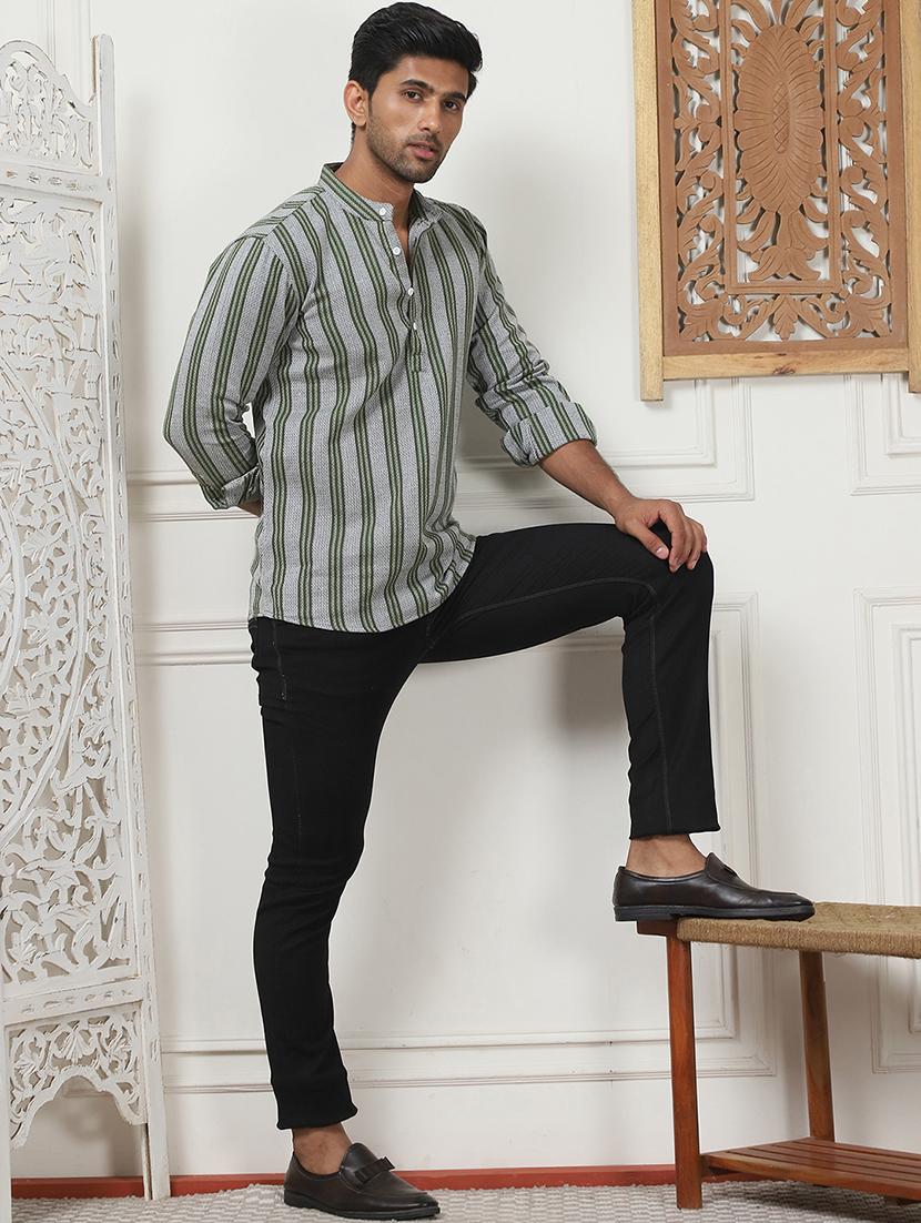 men mandarin neck striped short kurta - 21507231 - Standard Image - 4