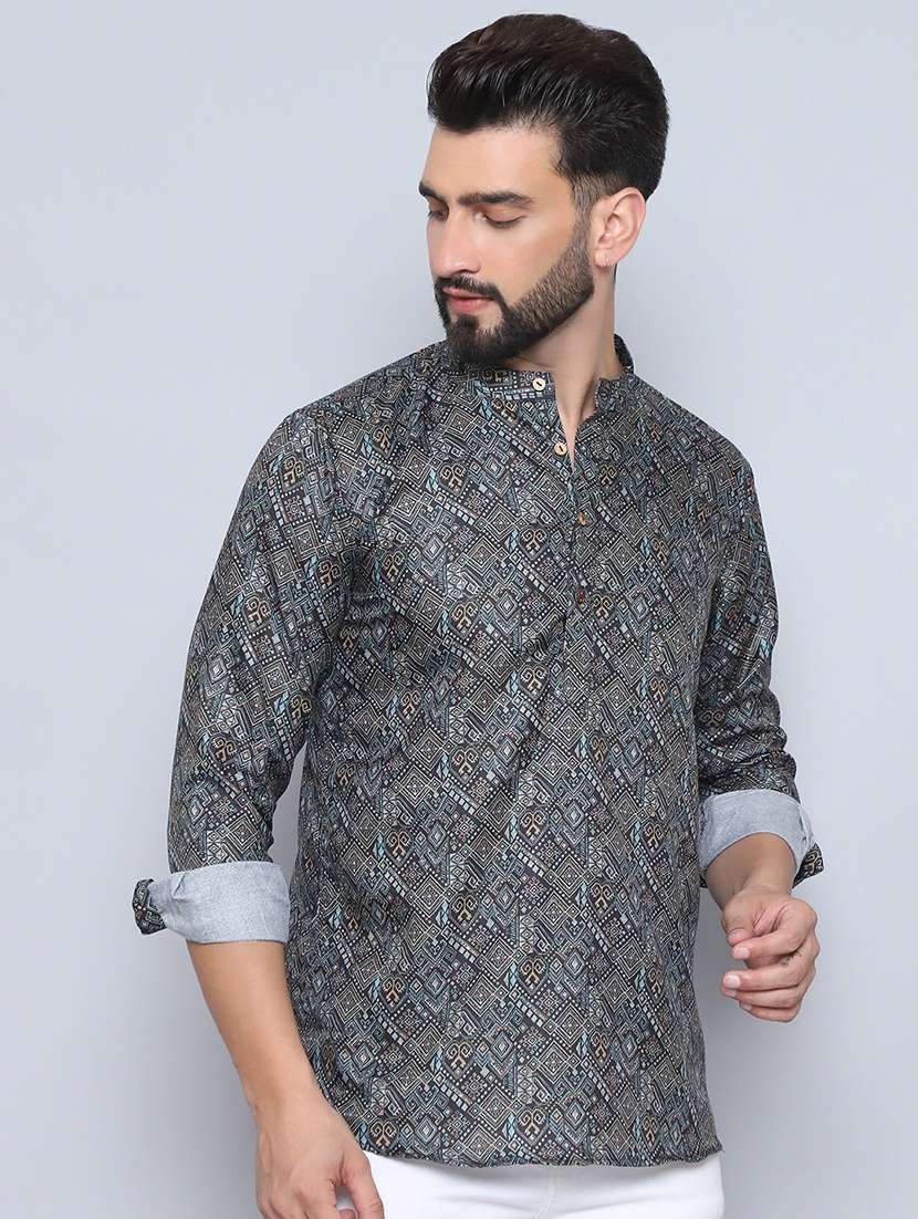men mandarin neck printed short kurta - 21507235 -  Standard Image - 1