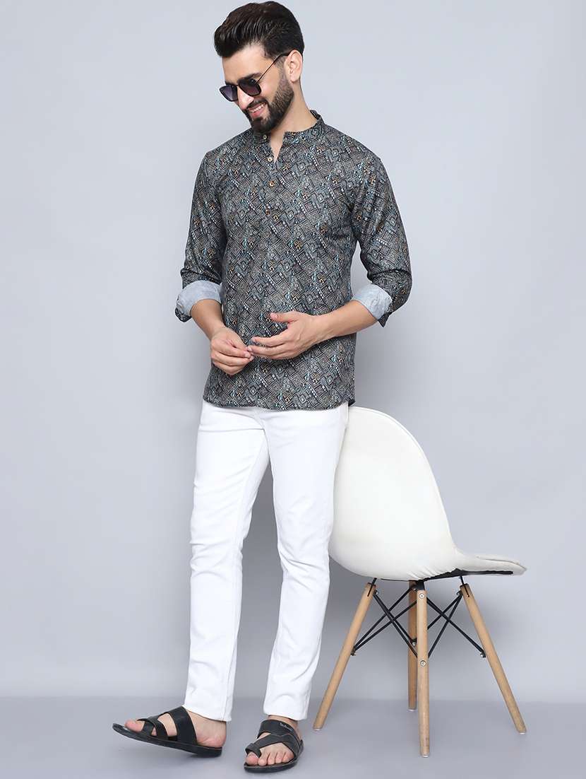 men mandarin neck printed short kurta - 21507235 - Standard Image - 4